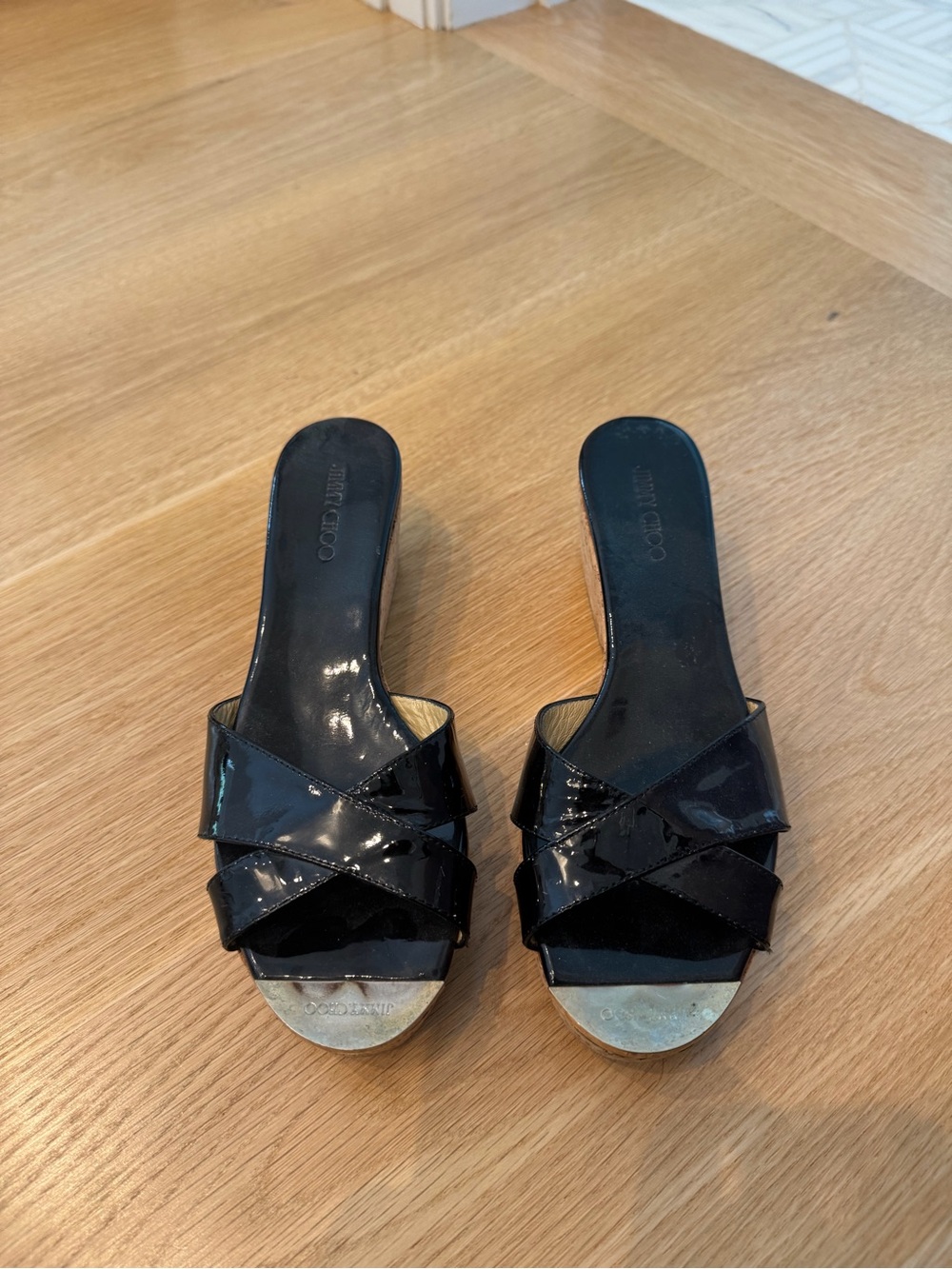 Jimmy Choo Black Patent Crisscross Slide Mules